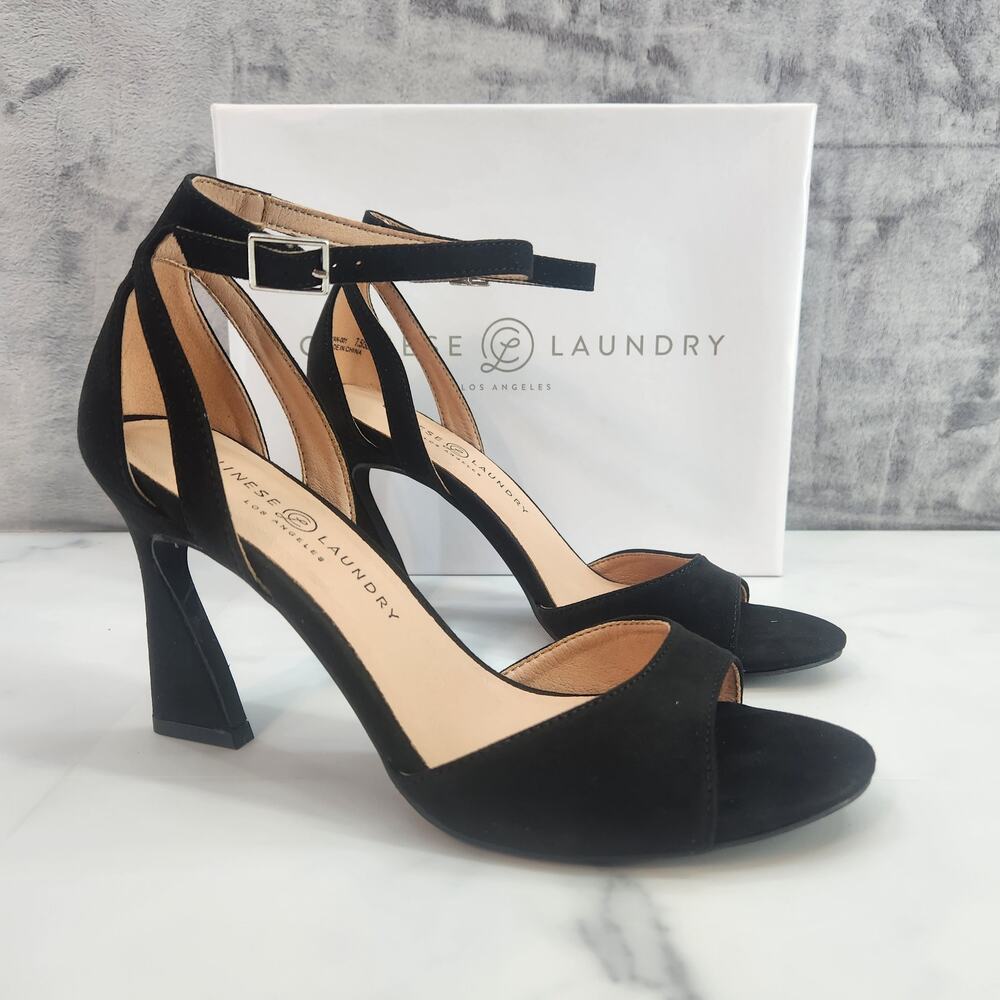 NIB Chinese Laundry Robby Open Toe Black Fine Suede Heels 7.5 US 38 EU classy